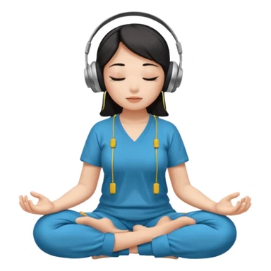 An East Asian woman is sitting cross-legged in a meditation pose, wearing Apple headphones and listening to music. The song is so beautiful that she has her eyes closed and tears streaming down her face. sticker