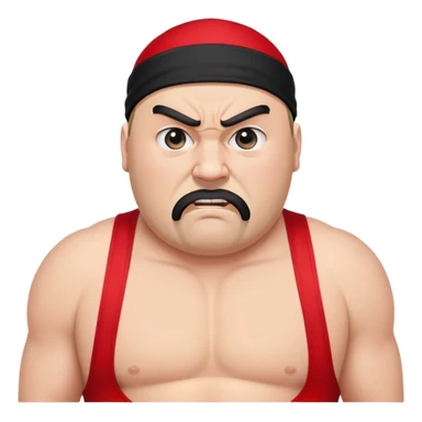 White skin fat guy with prominent black durag, short black beard, black eyes in a red and black wrestling singlet with angry face sticker