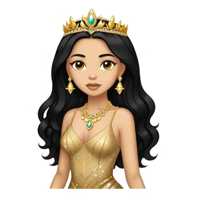 light skin woman with black long hair in gold sparkle dress with gold jewelry sticker