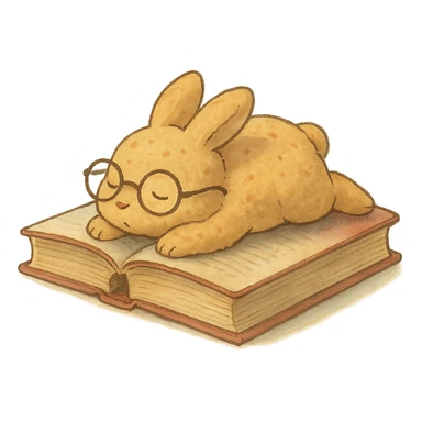 biscuit bunny lying on book with slipping glasses, soft Ghibli style sticker