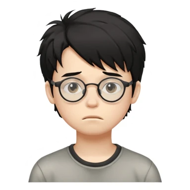 
young boy, 16 years old, messy black hair, glasses, sad face emoji sticker