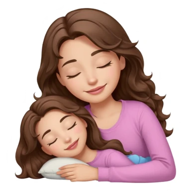 girl with wavy long brown hair, brown eyes, light to medium complexion, long lashes, light pink lipstick, smiling, wearing light pink shirt, sleeping sticker