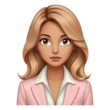 A 30-year-old woman with tanned skin, light brown long wavy hair, delicate face, almond-shaped eyes with smoky foxy eye makeup, brown eyes, wearing a light pink blazer and white satin cowl neck blouse with thin straps sticker
