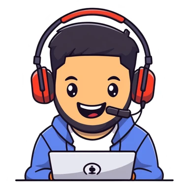 anime style laughing man with black hair, brown eyes, black beard wearing gaming headset sticker