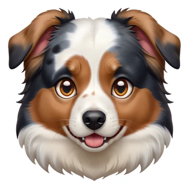 Cinematic Comical Calico Australian Shepherd Portrait Emoji, Head tilted dramatically with an exaggeratedly shocked or offended expression, predominantly white fur with striking black, tan, and red calico merle markings, wide, expressive blue eyes filled with exaggerated disbelief, Simplified yet hilariously expressive features, highly detailed, glowing with a slightly sassy glow, high shine, dramatic yet playful, stylized with an air of attitude, bright and endearing, soft glowing outline, capturing the essence of a sassy and over-the-top pup, so meme-worthy it feels like it could side-eye its way into internet fame instantly! sticker