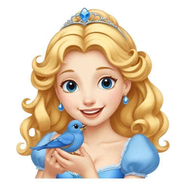 Cinematic Adorable Cinderella Portrait Emoji, Giggling softly while holding a tiny bluebird, golden curls bouncing, eyes sparkling with joy, wrapped in a soft golden glow, exuding warmth and charm, an irresistible blend of beauty and playfulness! sticker
