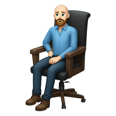 Bald, Caucasian, sky-blue-eyed, Psychotherapist in a modern colorful chair. He has a brown full beard and he’s Wearing a black dress shirt with a subtle pattern, blue jeans and black Chelsea boots with his legs separted leaning forward grey in goatee sticker