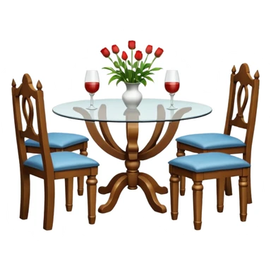 A glass topped ding table with 2 side benches and 2 thrones at the ends sticker