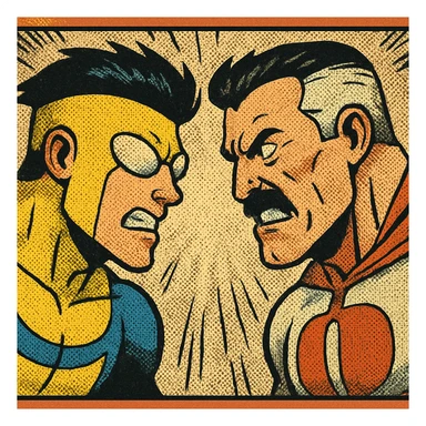Invincible and Omni-Man facing off, intense expressions, comic book style, dramatic lighting sticker