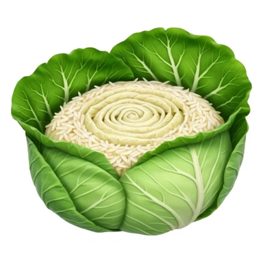 Emoji of sarmale: a small rolled cabbage leaf, pale green and slightly wrinkled, with a visible meat-and-rice filling, simple rounded emoji style, warm and cozy. sticker