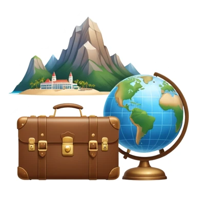 An icon featuring a suitcase, a hotel bell, and a globe, symbolizing tourism and hospitality. The design includes a scenic landmark, like a mountain or beach, and a check-in desk, representing travel and accommodation services. Transparent background sticker