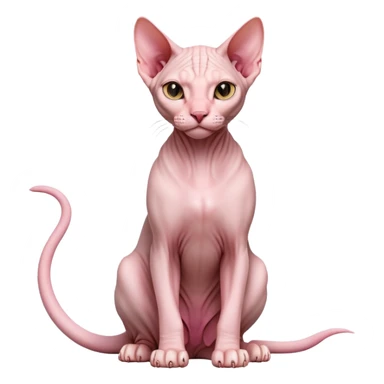 cinematic-[sphynx cat]-realistic-full-body-sitting-emoji,-tail-curled-playfully-around-its-paws,-head-tilted-dramatically,-sleek-[pink]-skin,-simplified-yet-realistic-focused-features,-highly-detailed,-glowing-with-an-almost-sarcastic-glow sticker