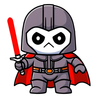 Oreo cookie wearing Sith lord helmet and cape with red lightsaber sticker