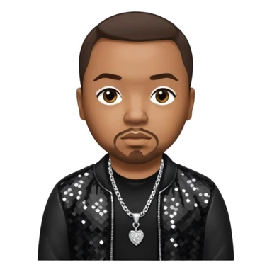 Timbaland with dark brown hair, black sequin jacket, black shirt with necklace sticker