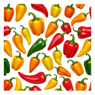 Cinematic bright colorful peppers, glossy and fresh, arranged in a vibrant mix of red, yellow, and green, warm glowing background, fresh and lively. sticker