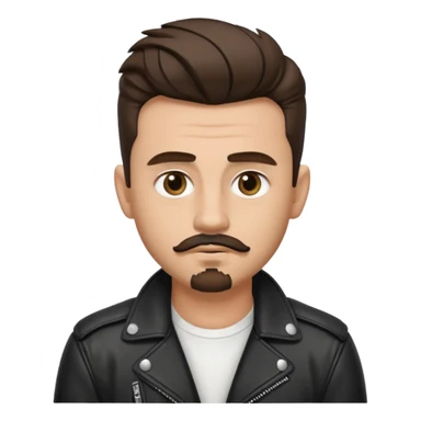 generate emoji style guy with slick James dean hair with front tendrils, mustache and goatee facial hair, wearing a white shirt and a black leather jacket , several silver piercings in ear, with dark brown hair and make eyes more almond shaped inspired by the image I shared sticker