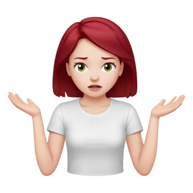 younger woman shrugging, eyes closed, white t-shirt, dark red hair sticker
