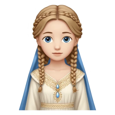 Joven de unos 30 años, de aspecto dulce, elegante.
Piel clara, ojos (pueden ser azules o verdes)
castaño claro largo, con trenzas.
Vestido largo de tonos suaves (blanco, azul o lavanda), con bordados dorados; un manto o toca fina cubriendo la cabeza. Que se vea todo el cuerpo de pies a cabeza sticker