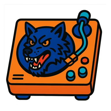 platine vinyle with integrated wolf head replacing the platter, vibrant cartoon style sticker