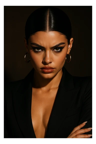 baddie with sleek dark hair, hazel eyes, small nose, glossy lips, fierce pose sticker