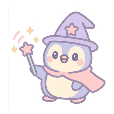 penguin wizard casting a spell with sparkles, whimsical and colorful sticker