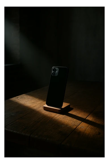 dark room in loft style, iphone lies on a wooden table on a stand, a beam of light shines directly on it and on the table sticker
