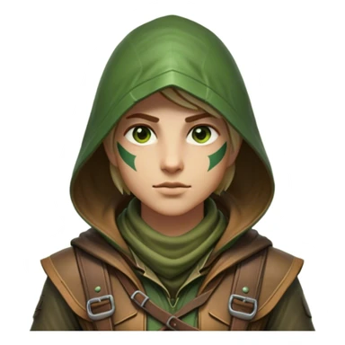 Clash of Clans aesthetic friendly Ranger Portrait Emoji, With a lean, agile build clad in earth-toned leather and green accents, a keen, focused gaze and a weathered hood shadowing determined eyes, his face rendered in a natural skin tone (not yellow), Simplified yet sharply defined features, highly detailed, glowing with a soft, natural woodland radiance, high shine, intelligent and resolute, stylized with an air of forest guardian authority, focused and alert, soft glowing outline, capturing the essence of a confident ranger ready to defend the wild with stealth and valor! sticker