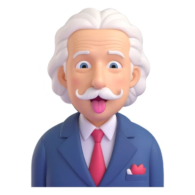 Einstein sticking his tongue out, 3D style, white hair, mustache, suit sticker