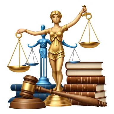 An icon featuring a gavel, scales of justice, and legal books, symbolizing law. The design includes a courthouse building in the background, representing the legal system and justice. Transparent background highlights the authority and structure of the law. sticker