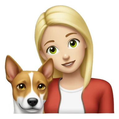 a white green eyed blonde girl and a red and white basenji dog sticker