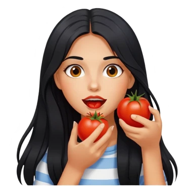 Pretty tanned girl with long black hair, eating tomatoes sticker
