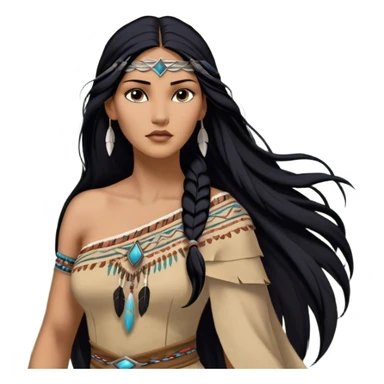 Cinematic Realistic Pocahontas Portrait, depicted with lifelike skin texture, soft natural lighting, and intricately detailed long, flowing raven-black hair that moves gracefully in the wind. Her deep, soulful dark brown eyes exude wisdom and strength, complemented by a serene yet powerful expression. She is dressed in her classic one-shoulder native american dress, with rich fabric textures and delicate beaded details that catch the light beautifully. The portrait features a soft, sun-kissed glow with a natural, radiant finish, capturing the essence of untamed beauty and deep connection to nature in a realistic and painterly style, evoking a sense of depth and authenticity. sticker
