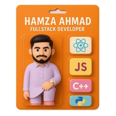 Refine the action figure toy to match the person in the new photo exactly: make the jawline sharp and defined, and adjust the hairstyle to match the photo. Keep the realistic vinyl figure style, strong orange card, and all previous details including blisters with React, JS, C++, Python logos, and the text 'Hamza Ahmad' and 'FullStack Developer'. Ensure the face and hair are accurate and not exaggerated. sticker