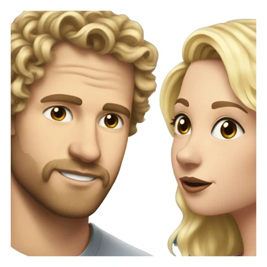 White man with scruff with brunette curly wavy hair kissing white pretty blonde girl with blonde layered hair sticker