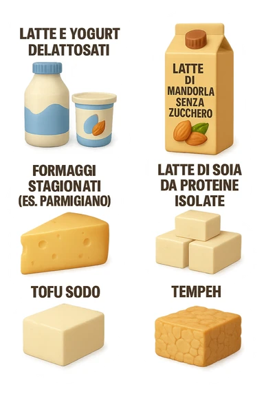 emoji stile iphone 3d di questi elementi che fluttuano in aria:

Latte e yogurt delattosati
Latte di mandorla (non zuccherato)
Latte di soia da proteine isolate
Formaggi stagionati (es. parmigiano)
Tofu compatto e tempeh
 che fluttuano in aria,  le etichette scrivile in italiano, iperealistico 4k sticker