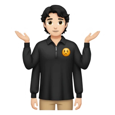 Caucasian man with black wavy hair wearing a loose-fitting long sleeve black shirt with collar and zip to the chest sticker