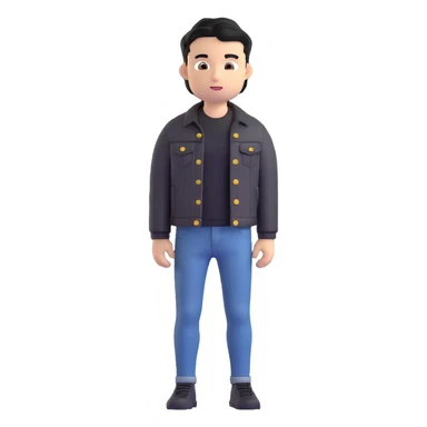 3D emoji Microsoft style, young man with black hair, wearing black t-shirt and black denim jacket, photo reference, neutral facial expression sticker