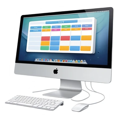 front-facing iMac showing a day schedule with vertical hours and horizontal client slots, several slots filled with color to indicate bookings sticker