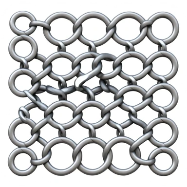 3D render of Screen Door Fragment, made of interlocking chainmail metal rings, wire mesh texture, visible holes and negative space, metallic silver and grey, high contrast shadows, emoji style, isolated on white background --v 6.0. sticker