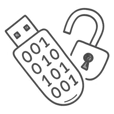 hand-drawn outlined icon of a USB drive and broken lock merged, tilted down-left, transparent, gray and black, with 1s and 0s inside sticker