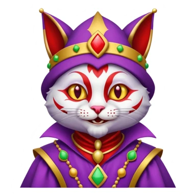 crazy colorful cute little cat jolly joker from poker, medieval, vintage, court jester, mac os icon, purple, gold and red color, half body sticker