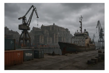 a screenshot of the game DayZ videogame, the city of "solitude" as seen in skyrim, modern evolution, industrial harbor at apartment blocks sticker