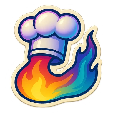 chef's hat with a trail of fire emoji, playful, synthwave colors, vibrant, matching style reference file
 sticker
