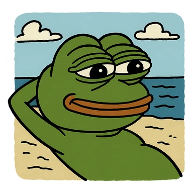 Pepe the Frog relaxed on the beach, transparent background, PNG sticker
