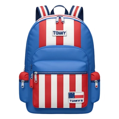 simple blue backpack, at the bottom pocket there is a  logo featuring a Tommy Jeans-inspired logo. The logo looks like a vertically one red, one white. The flag stripes are vertical, not horizontal. Flat

 sticker
