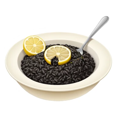 black risotto in a white bowl with a slice of lemon sticker