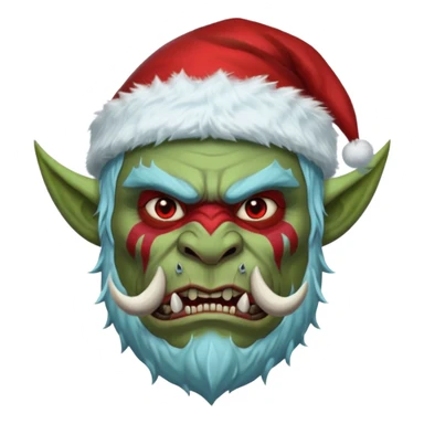 Fantasy orc portrait emoji, Santa Claus hat adapted for orc head with tusks, icy blue and deep red frost war paint on face, brutal winter warrior mood, strong facial features, minimal tribal design, clean high readability emoji style, male/female variant
 sticker