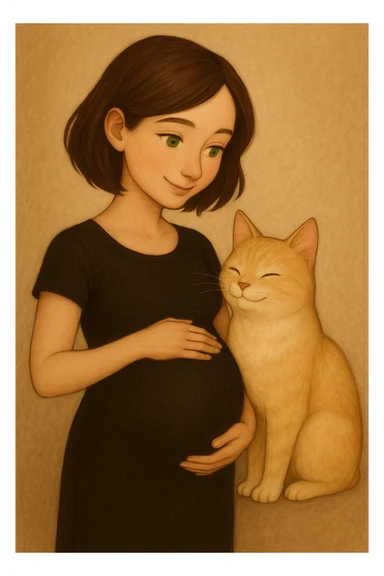 Make the girl's hair a little bit longer and put her in a black tight dress, keep her pregnant, with green eyes and a blonde cat. Maintain the original style and details of the image. sticker