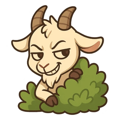 chibi goat, mischievous, peeking from behind a bush, sly grin, simple background sticker