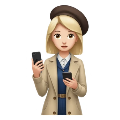 a young woman standing inside a modern train carriage. She is holding a vertical pole with one hand while looking at her smartphone in the other. sticker